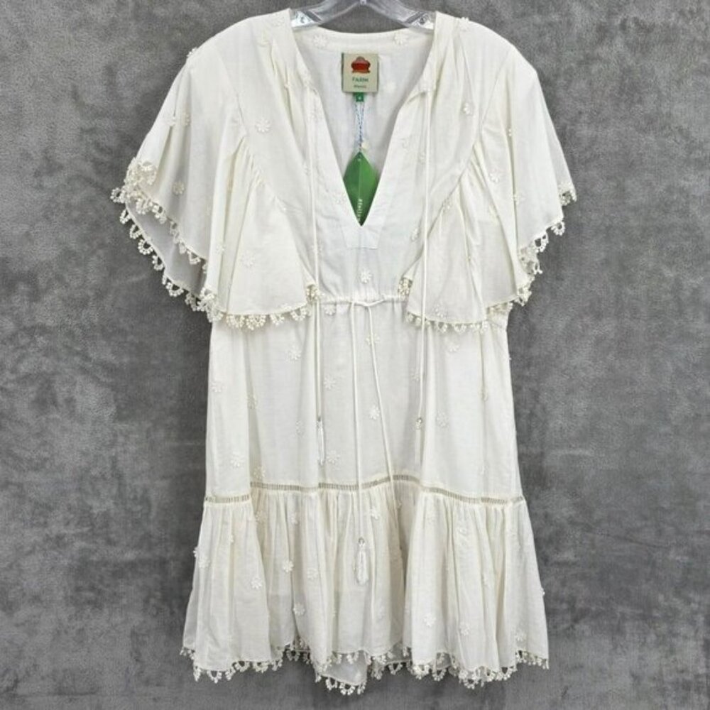 Farm Rio 3D Flower Mini Dress M Off White Beads Tassels VNeck Bridal Wedding New